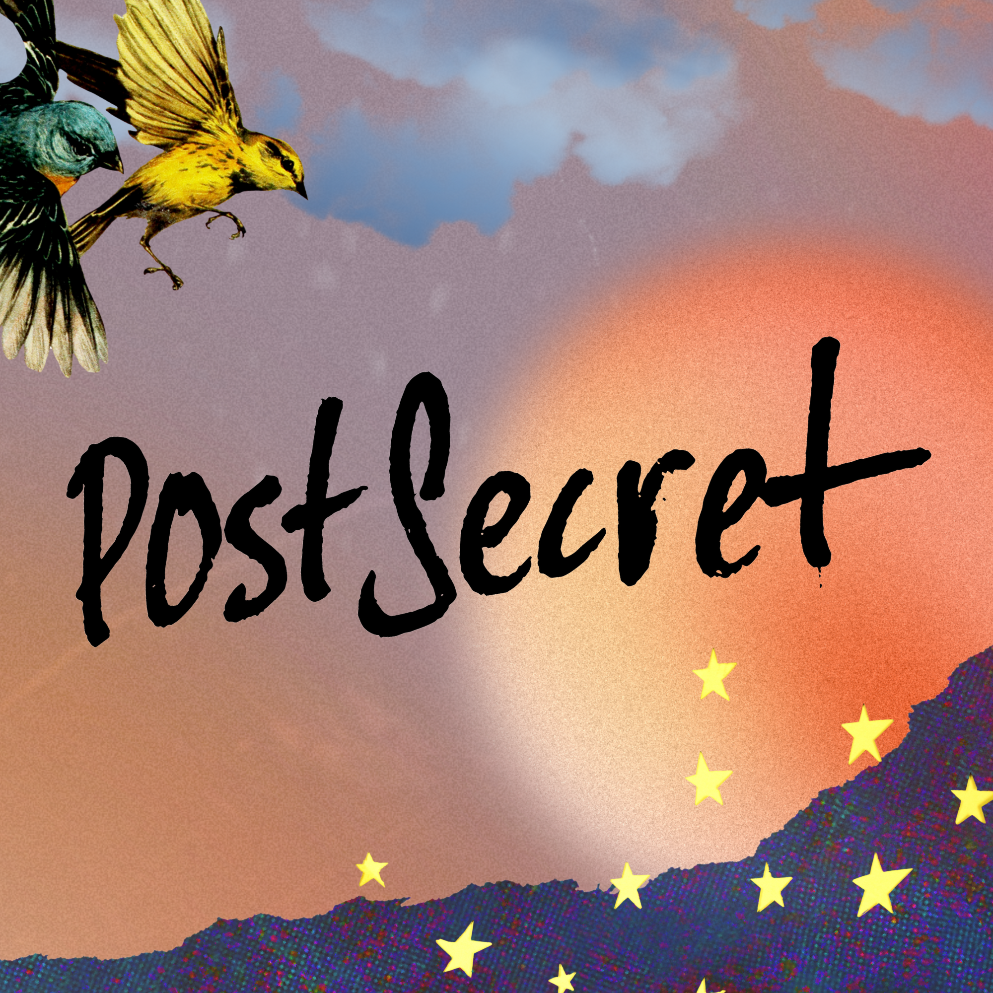 Colorful graphic image with a collage of birds, stars, and clouds on a purple and orange background. Text in the center of the graphic says PostSecret Live with Frank Warren